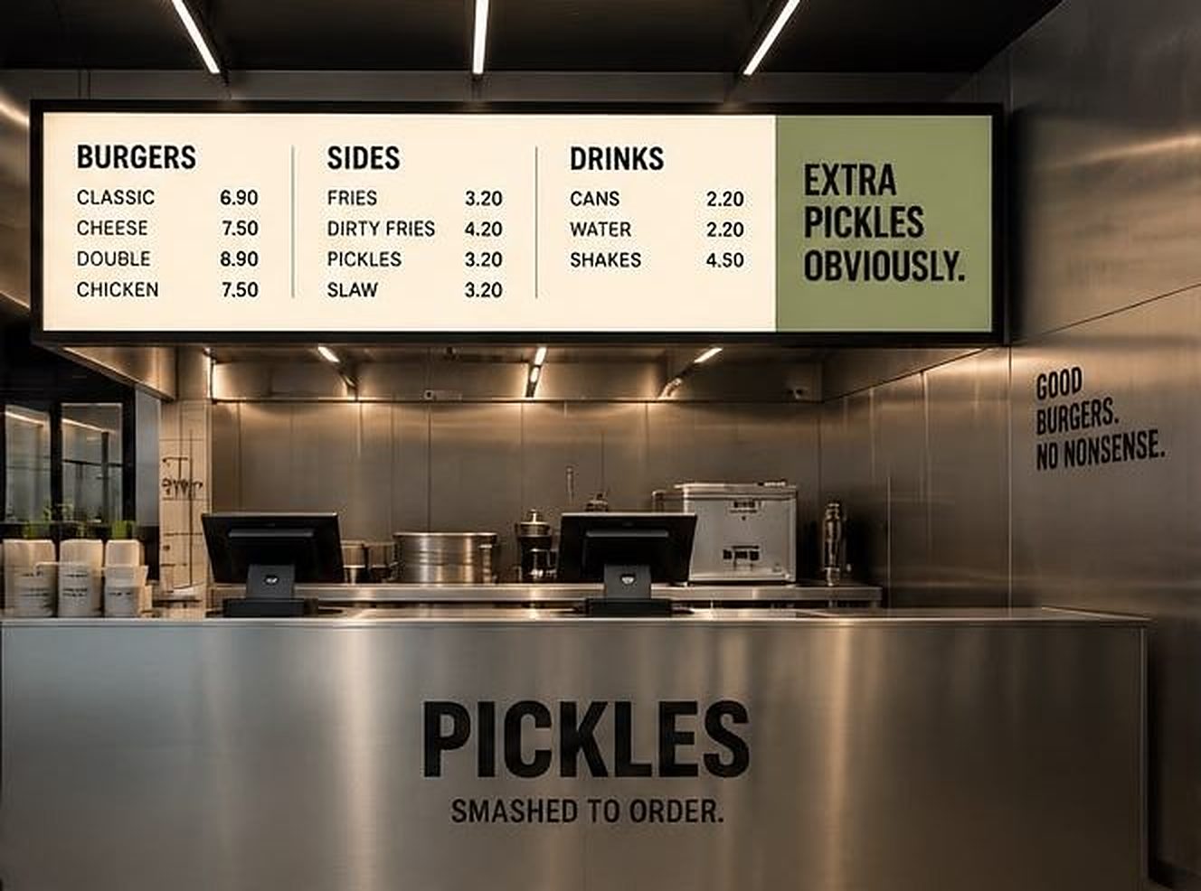 Stainless steel counter under a lit Pickles menu