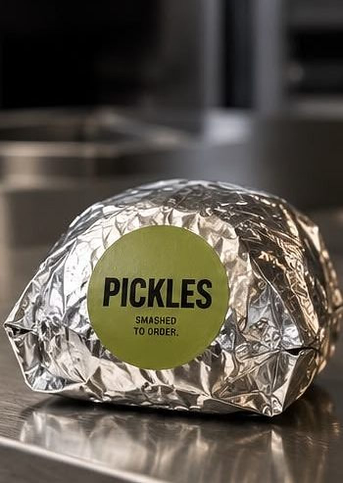 Post: foil burger with Pickles sticker