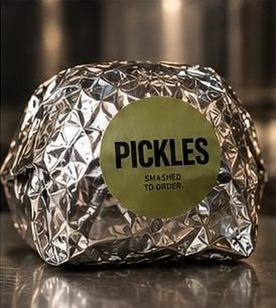 Foil-wrapped burger sealed with an olive Pickles sticker