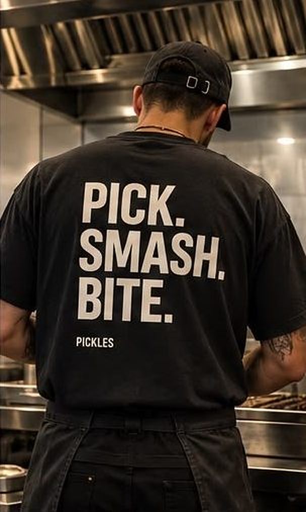 Crew member in a black tee printed PICK. SMASH. BITE. on the back