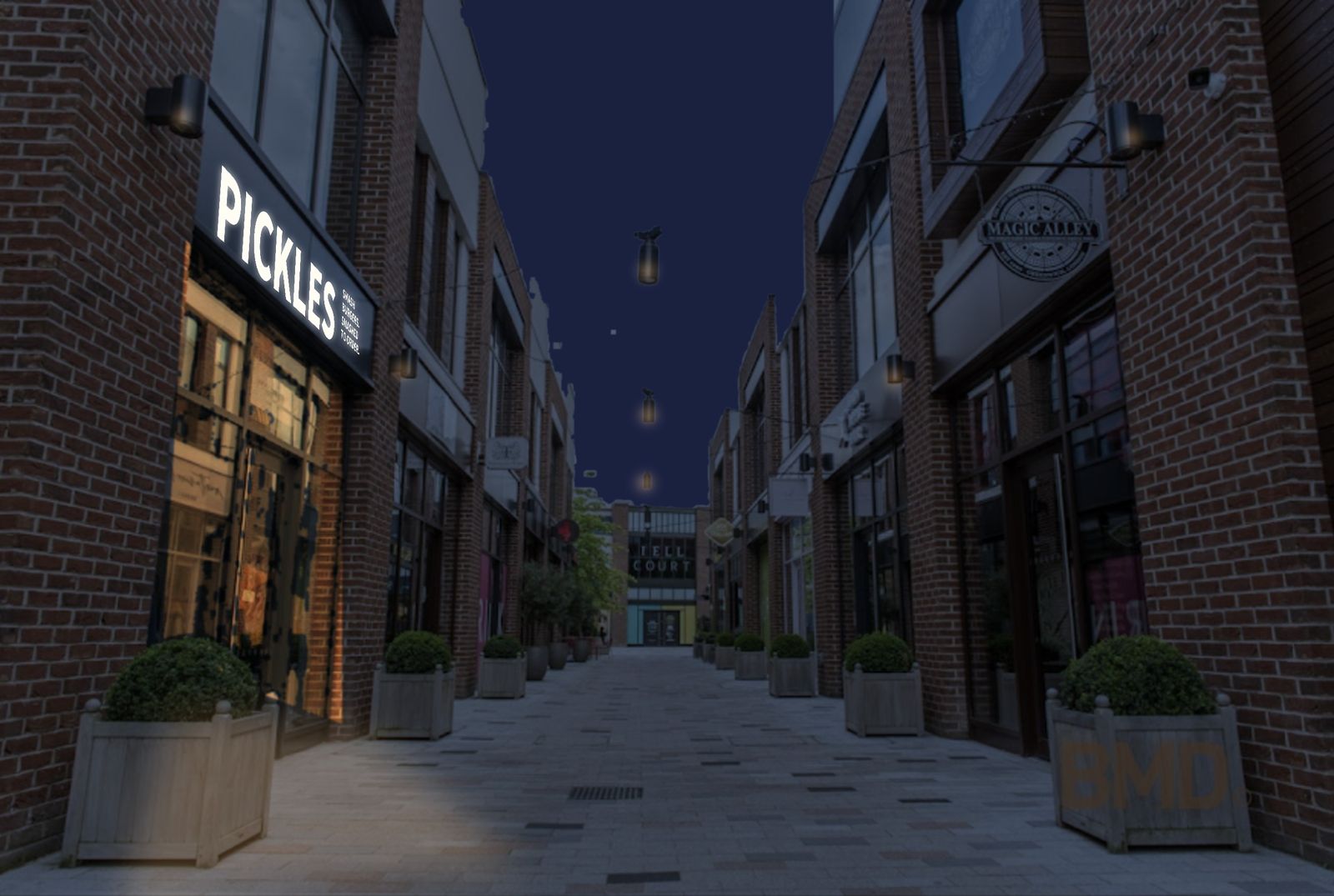 Pickles sign lit up on the first unit on the left at Bell Court in the evening